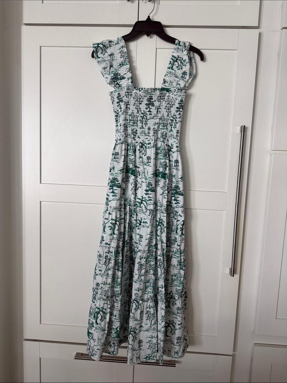 Aqua White Maxi Dress with Green Scenic Print